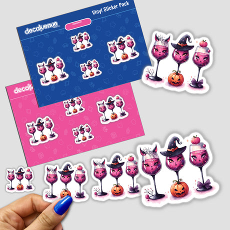 Three Halloween Themed Wine Glasses sticker pack featuring cartoon wine glasses with Halloween motifs.