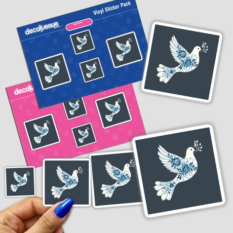 Sticker pack featuring Chinoiserie Dove with Olive Branch design, showcasing white doves adorned with blue flowers, elegantly captured in a hand, perfect for unique sticker collections or digital artwork.