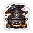 Spooky pumpkin cauldron with a wicked witch, bats, and Halloween decor