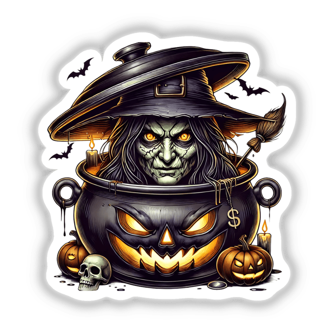 Spooky pumpkin cauldron with a wicked witch, bats, and Halloween decor