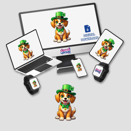 St. Patrick's Day Puppy depicted on a computer monitor and laptop as a cartoon dog; available as stickers or digital artwork.