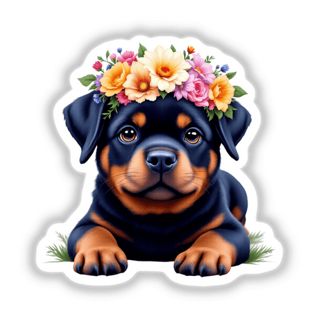 Gentle Rottweiler with a Blooming Floral Crown, showcasing a loyal Rottweiler adorned with intricate flowers, perfectly capturing its charm and elegance for decor or collection.