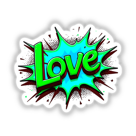Love Valentine's Day art featuring dynamic green and blue typography, available as stickers or digital artwork from Decal Venue, known for unique and creative graphic designs.