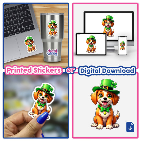 St. Patrick's Day Puppy: A vibrant collage featuring a cartoon dog in a green hat, available as vinyl stickers or digital artwork from Decal Venue, showcasing playful, festive design elements.