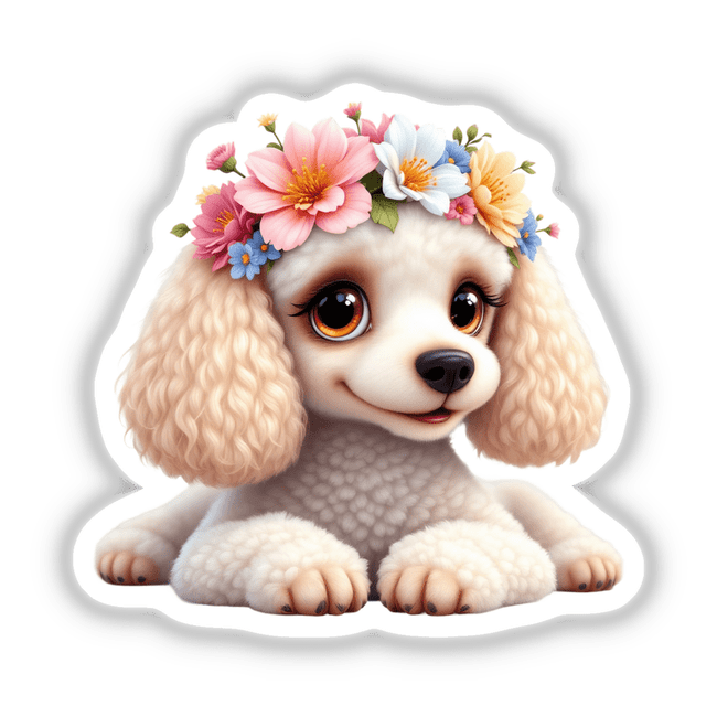 Elegant Poodle Wearing a Whimsical Floral Crown depicted as a cartoon dog with flowers adorning its head, available in versatile formats like stickers and digital artwork from Decal Venue.