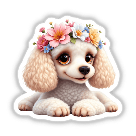 Elegant Poodle Wearing a Whimsical Floral Crown depicted as a cartoon dog with flowers adorning its head, available in versatile formats like stickers and digital artwork from Decal Venue.