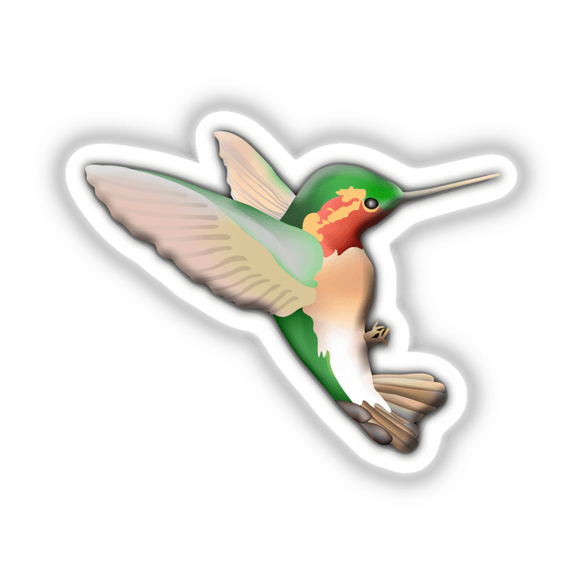 Illustrated hummingbird with wings spread, available as stickers or digital artwork from Decal Venue, showcasing unique vinyl sticker designs and digital art.