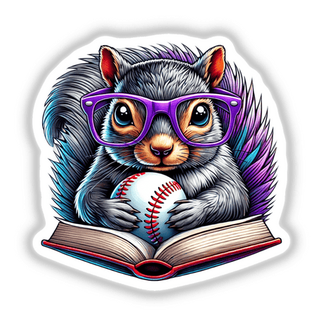 Squirrel Reading a Book with Purple Glasses and Baseball: A whimsical cartoon of a squirrel wearing purple glasses, holding a baseball and a book, available as stickers or digital artwork from Decal Venue.