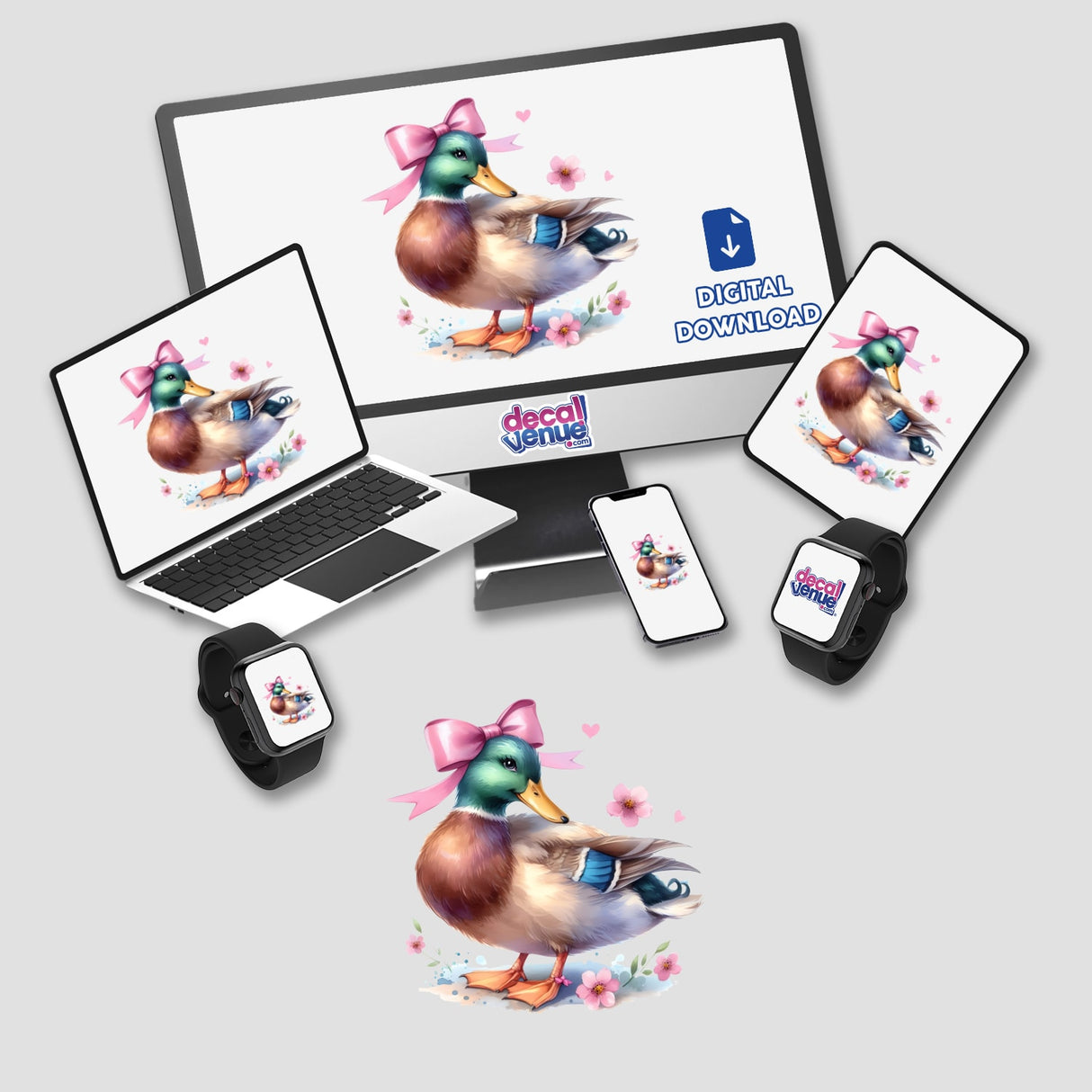Halloween Pumpkin and Bat Coquette Bow digital artwork displayed on a computer monitor, laptop, and phone. Features a cartoon duck with a pink bow, available as stickers or digital artwork.