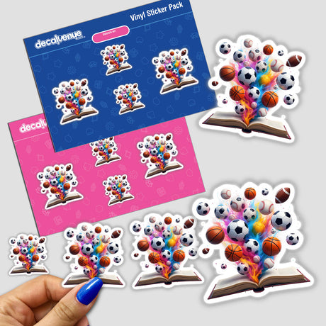 Vibrant Array of Sports Balls Erupting from an Open Book: Stickers depicting diverse sports balls bursting from a book, capturing the dynamic fusion of sports and creativity.