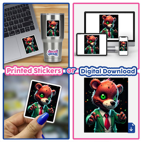 A collage featuring A Macabre Scary Bear sticker on a laptop, showcasing a cartoon bear in a suit, part of Decal Venue's unique vinyl stickers and digital art collection.
