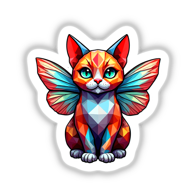 A Cute Geometric Fairy Cat illustration featuring a polygonal cat with wings, available as stickers or digital artwork from Decal Venue.