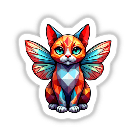 A Cute Geometric Fairy Cat illustration featuring a polygonal cat with wings, available as stickers or digital artwork from Decal Venue.