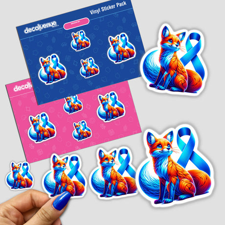 Fox Blue Ribbon Colon Cancer Awareness sticker, featuring a colorful cartoon fox with a blue ribbon, held in a hand, available as vinyl stickers or digital artwork from Decal Venue.