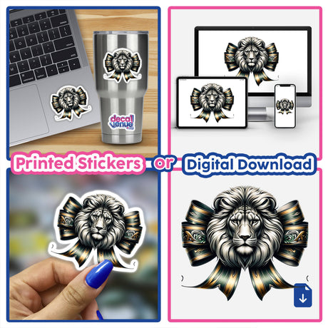 Lion Coquette Bow Green Gold sticker collage; features a lion head with a bow, showcased on laptops, cell phones, and held by hand. Available as stickers or digital artwork.