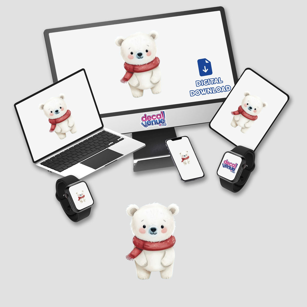 Festive Polar Bear Envelope Seal Stickers featuring a cartoon white bear in a red scarf, shown on a laptop and phone screen, perfect for adorable holiday stationery from Decal Venue.