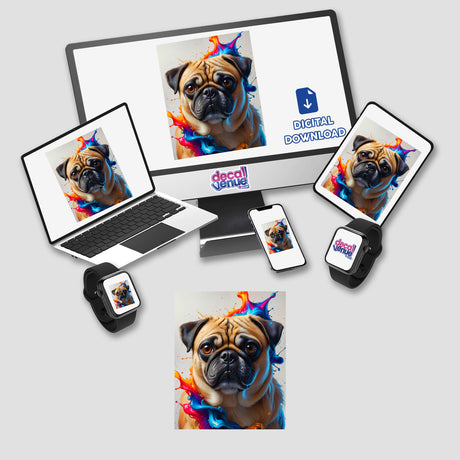 A Cute Pug - Animal Portrait displayed on a computer monitor and laptop screen, depicting a pug with colorful paint splashes. Available as stickers or digital artwork from Decal Venue.