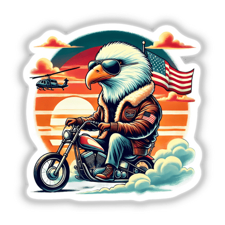 Aviator Eagle on a Chopper at Sunset: Cartoon of a bald eagle riding a motorcycle, symbolizing freedom and adventure. Perfect for stickers or digital downloads.