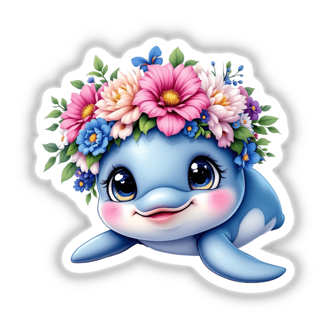 Happy Dolphin with a Flower Crown: A cartoon dolphin adorned with a whimsical flower crown, available as stickers and digital art, capturing nature's beauty and oceanic playfulness.