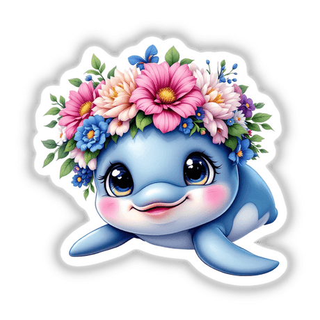 Happy Dolphin with a Flower Crown: A cartoon dolphin adorned with a whimsical flower crown, available as stickers and digital art, capturing nature's beauty and oceanic playfulness.