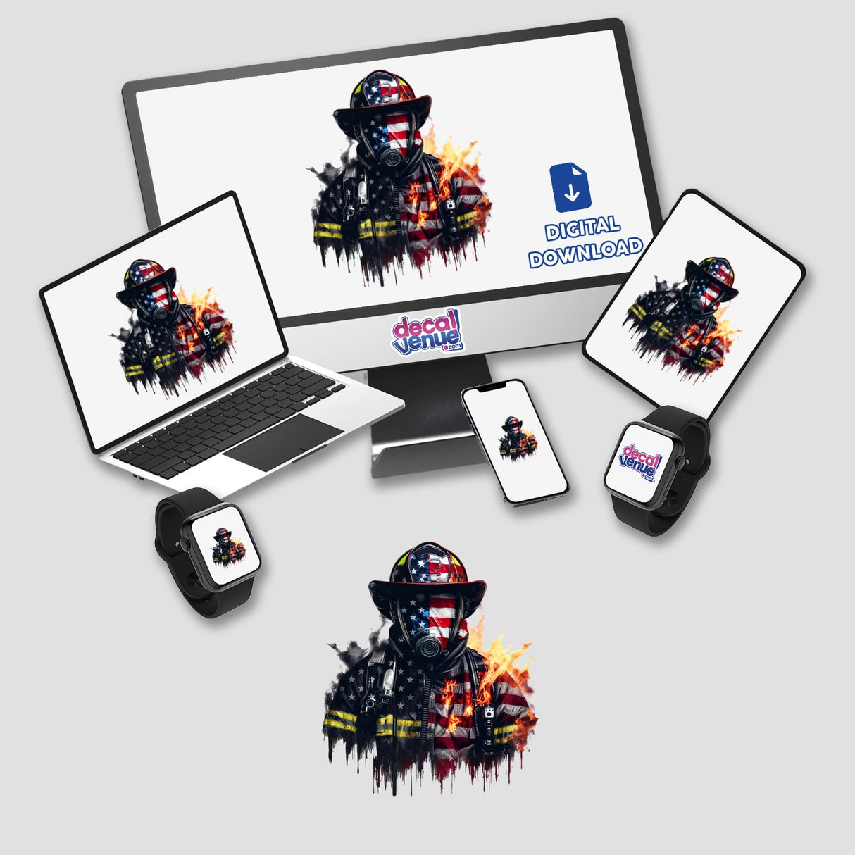 Vibrant American flag-infused firefighter image with flames, available as a digital download from Decal Venue, an online store offering unique stickers and digital art.