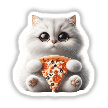 Fluffy White Kitten with Pizza Slice