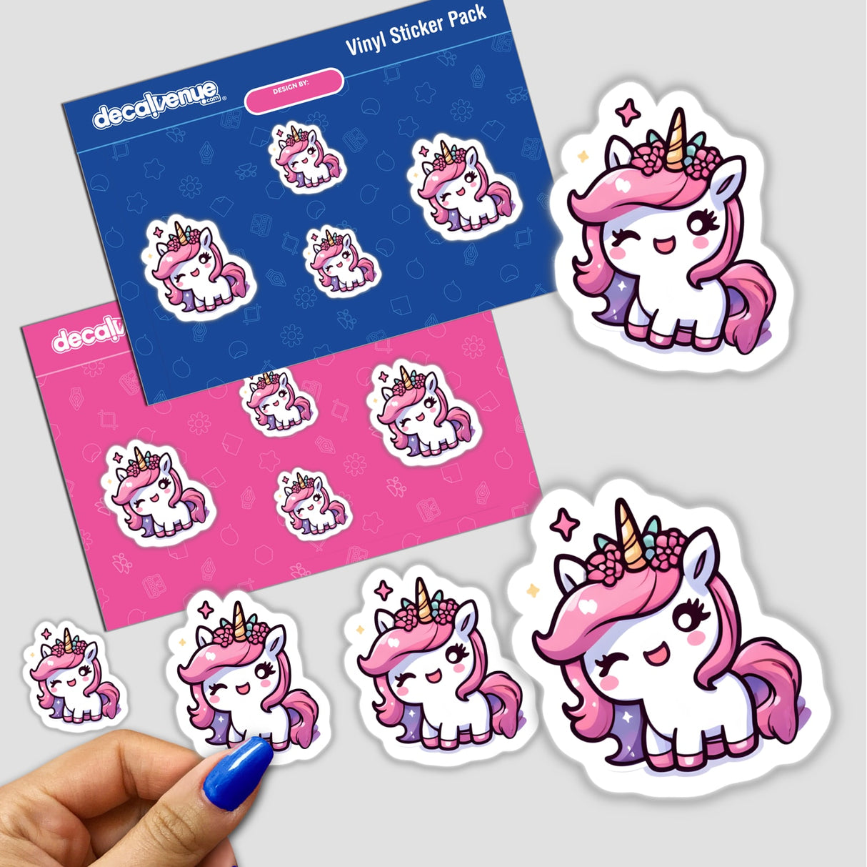 Vibrant unicorn stickers in various poses and expressions, showcased on a product package from Decal Venue, an online store offering unique digital artwork and stickers.
