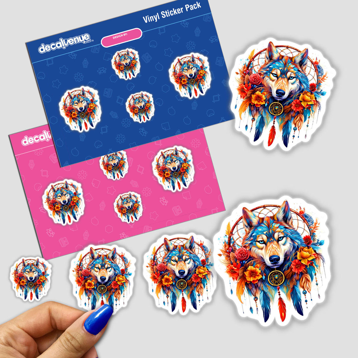 Dreamcatcher wolf sticker featuring a wolf adorned with flowers and feathers, available at Decal Venue.