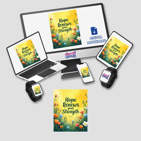 Fauvist Spring Crocus “Hope Renews Your Strength” Isaiah 40:31 Sticker or Clipart featuring a vibrant flower design displayed on a monitor and laptop, available with commercial rights.