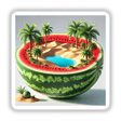 Mystic Sands Desert Oasis Inside a Watermelon: A halved watermelon revealing a mini desert oasis with palm trees and a pool, available as stickers or digital artwork.