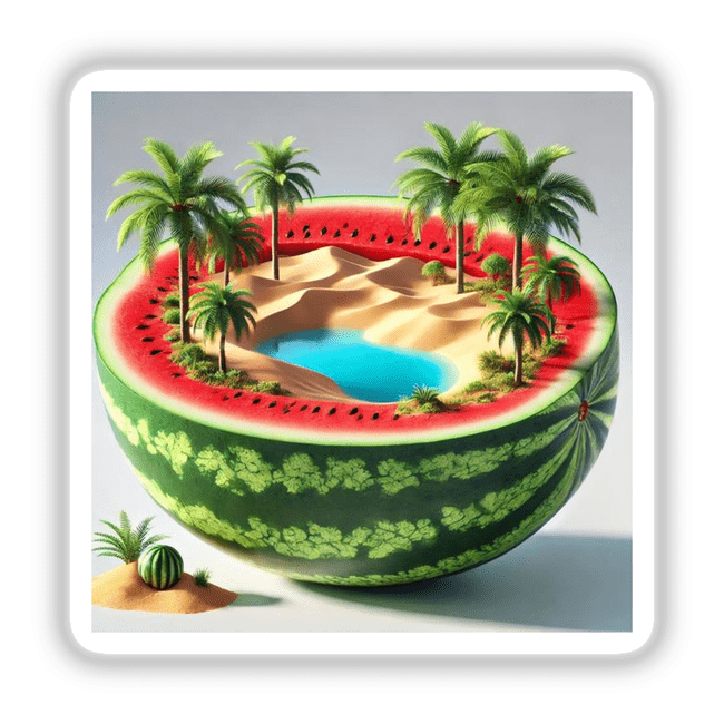 Mystic Sands Desert Oasis Inside a Watermelon: A halved watermelon revealing a mini desert oasis with palm trees and a pool, available as stickers or digital artwork.