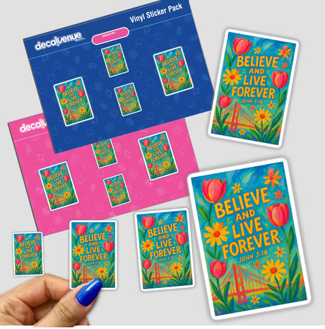 John 3:16 Believe and Live Forever Sticker or Clipart features intricate Golden Gate Floral Art, available as stickers or digital artwork with commercial rights, embodying Decal Venue's unique vinyl and digital art offerings.