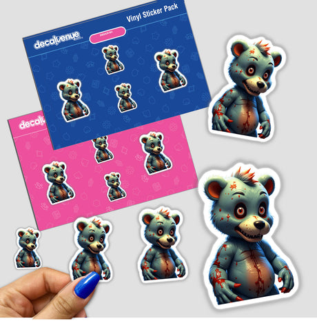 Sticker featuring 'A Macabre Scary Bear', showcasing a cartoon bear with blood accents. Part of Decal Venue's unique vinyl stickers and digital art collection.