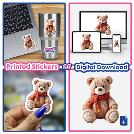 Knitted Yarn Teddy Bear sticker collage featuring a hand holding a knitted teddy bear with a scarf and a close-up of a finger with a blue painted fingernail.