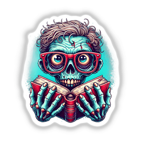 Colorful zombie reading book with glasses, bold digital artwork with undead character