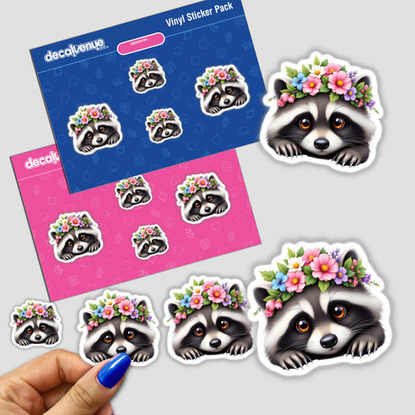 Cute Raccoon with a Colorful Flower Crown sticker pack, featuring cartoon raccoon heads adorned with vibrant floral crowns, perfect for decorating spaces with whimsical charm.