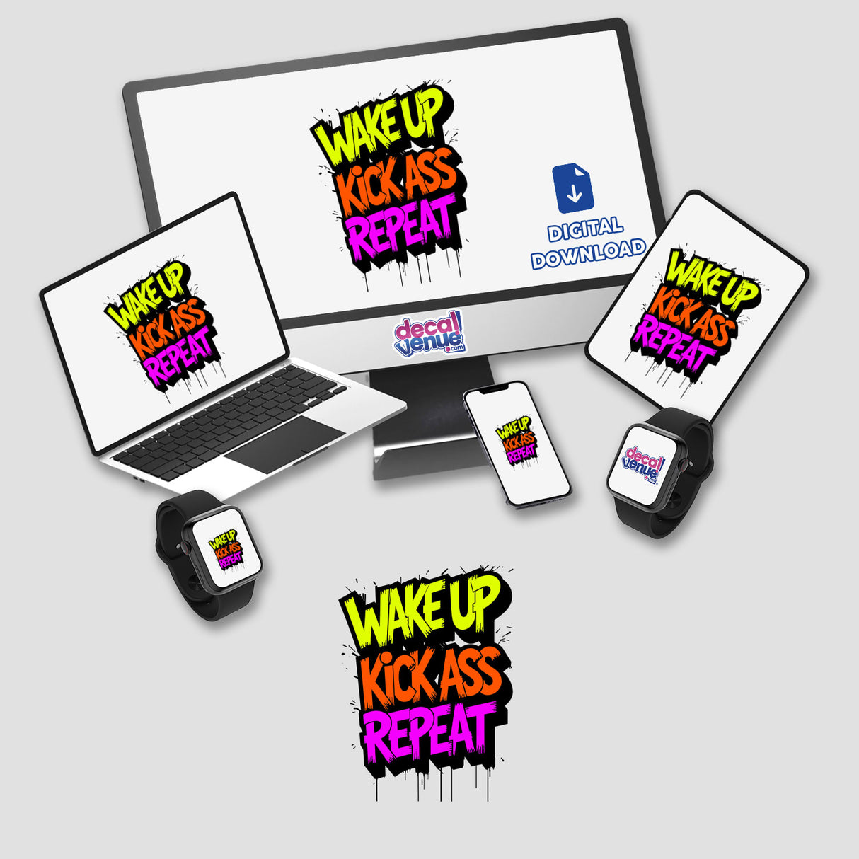 Wake Up Kick Ass Repeat Funny Quote design on a computer monitor and laptop, showcasing vibrant digital artwork and stickers available at Decal Venue for motivational decor.