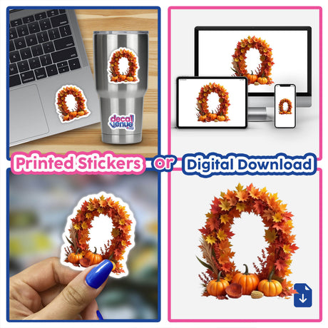 Thanksgiving Letter O Clipart featuring fall leaves and pumpkins, available as stickers or commercial use download. Includes images of the letter O, wreaths, decals, and laptop with sticker.