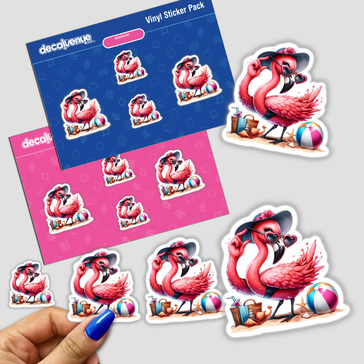 Colorful vinyl stickers featuring a beach flamingo in various poses, created by Ella Designz and available from Decal Venue, an online store offering unique stickers and digital artwork.