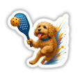 Cockapoo Dog Playing Pickleball illustration featuring a joyful dog with a blue paddle and an orange ball, showcasing vibrant, dynamic energy. Available as stickers or digital artwork from Decal Venue.