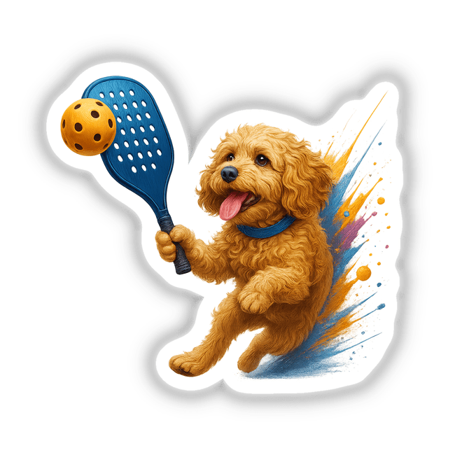 Cockapoo Dog Playing Pickleball illustration featuring a joyful dog with a blue paddle and an orange ball, showcasing vibrant, dynamic energy. Available as stickers or digital artwork from Decal Venue.