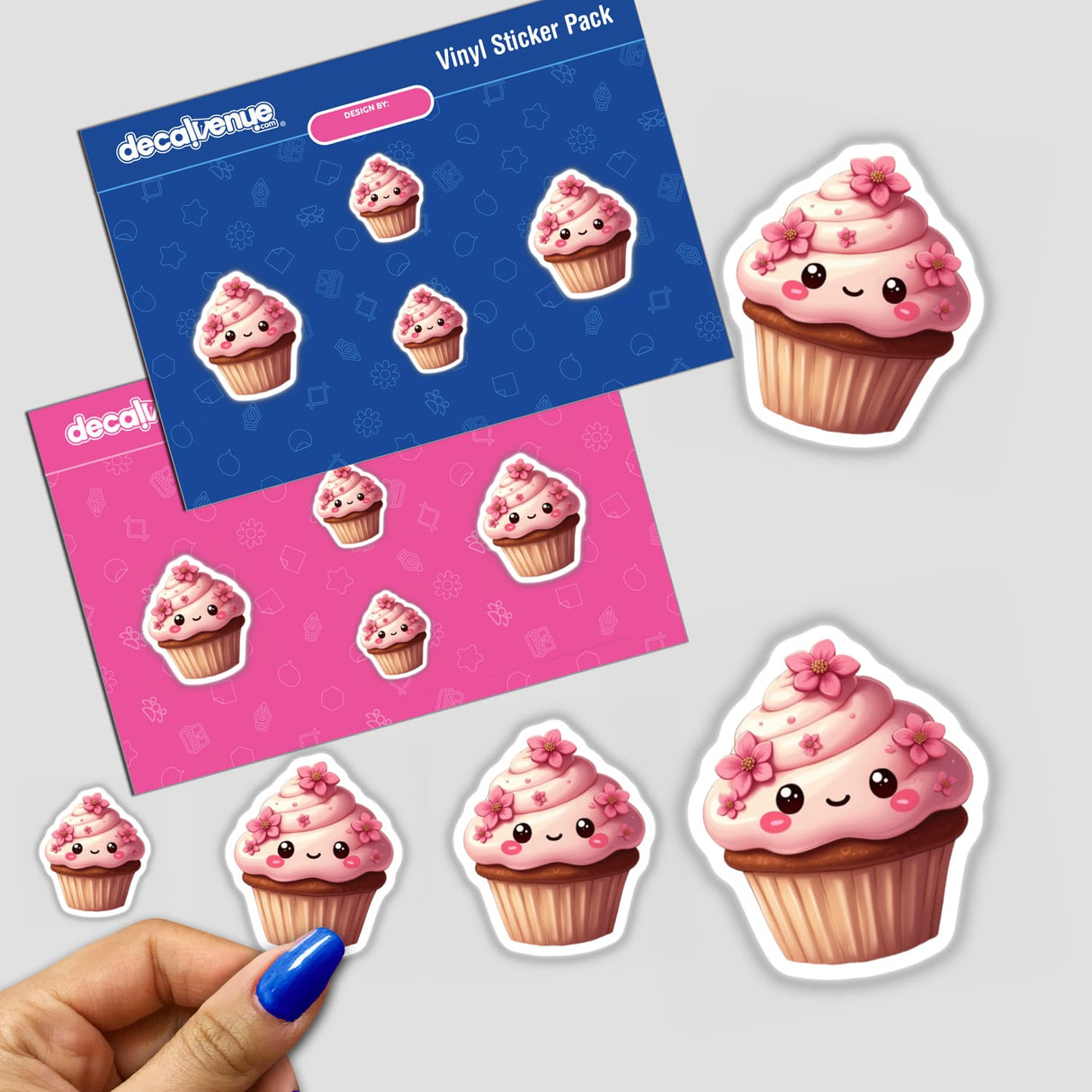 Kawaii Cherry Blossom Cupcake Sticker features adorable cartoon cupcakes with pink frosting and flowers, available as stickers or digital artwork from Decal Venue's unique collection.