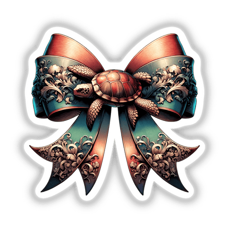Turtle Coquette Bow: A detailed illustration of a turtle adorned with a floral-designed bow, available as stickers or digital artwork.