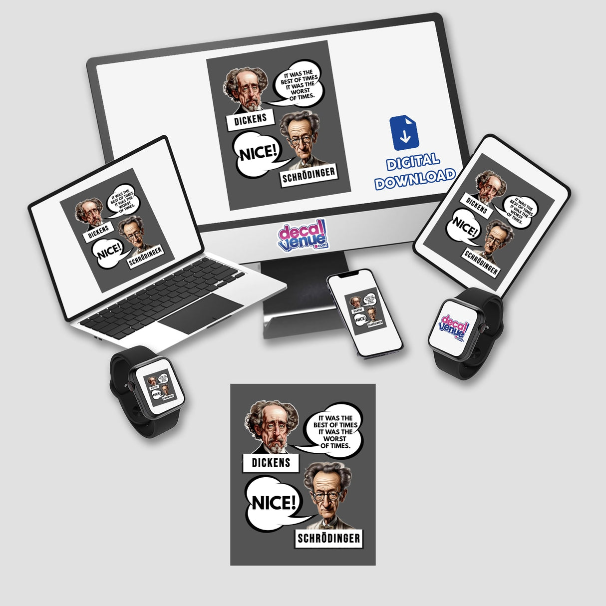 Dickens & Schrödinger Paradoxical Quote sticker or digital artwork featuring a laptop and monitor with cartoon figures, embodying quantum physics humor and science design for Decal Venue.