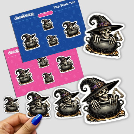 Spooky skeleton peeking out of cauldron - Halloween-themed digital artwork stickers