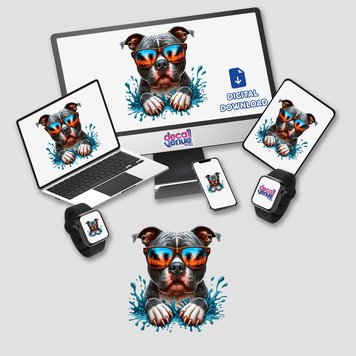 Peeking Pitbull Summer Splash design features a cartoon pitbull wearing sunglasses with palm trees reflected, available as stickers or digital artwork at Decal Venue.