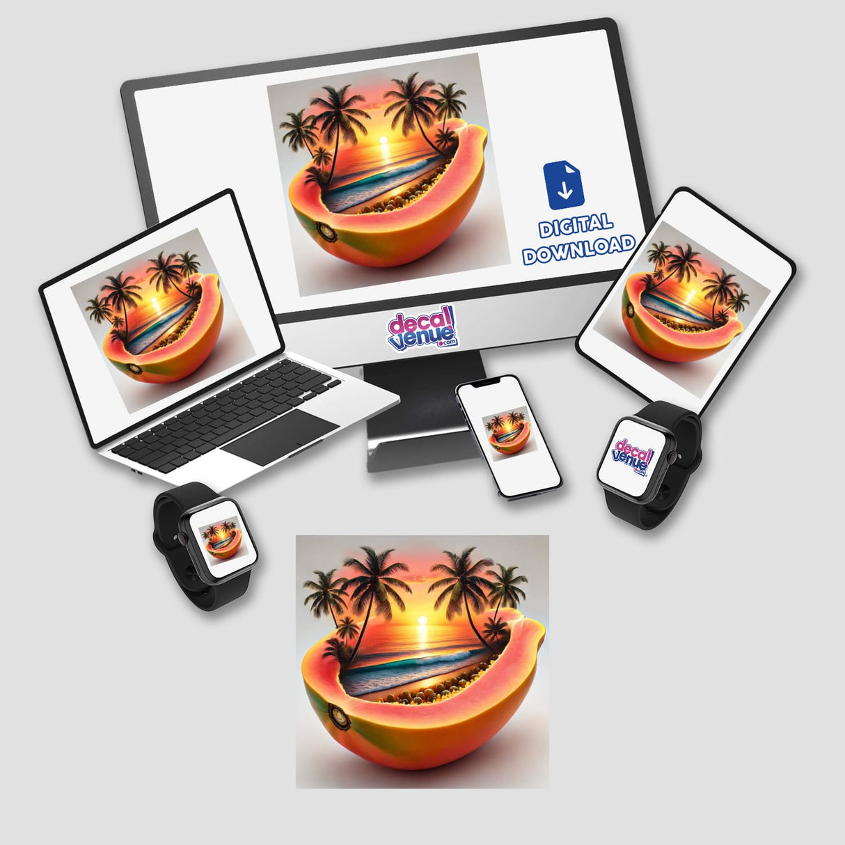 Sunset in the Tropics Beach Scene Inside a Papaya displayed on a computer monitor and laptop, featuring palm trees and a beach. Available as stickers or digital artwork.