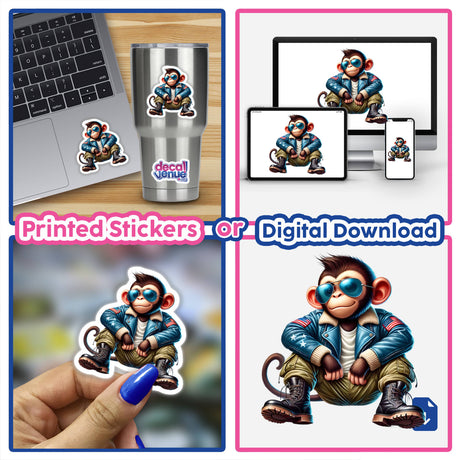 Collage of Patriotic Leather Monkey Aviator Sunglasses stickers and digital artwork featuring a cartoon monkey in sunglasses and a jacket.