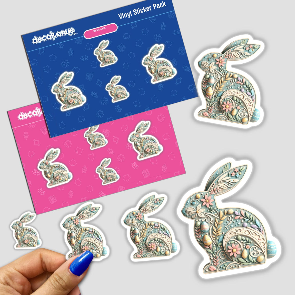 Intricately Designed Easter Bunny with Flowers sticker pack featuring bunnies adorned with flowers and eggs, ideal for enhancing holiday decorations.