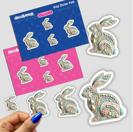 Intricately Designed Easter Bunny with Flowers sticker pack featuring bunnies adorned with flowers and eggs, ideal for enhancing holiday decorations.
